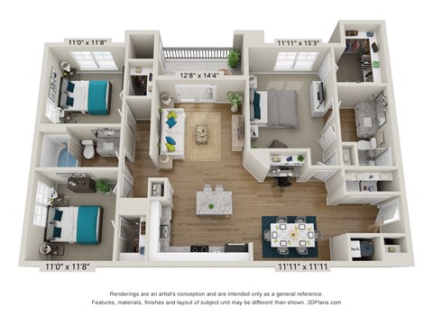 Floor plan for 3 beds, 2 baths, 1357 sqft